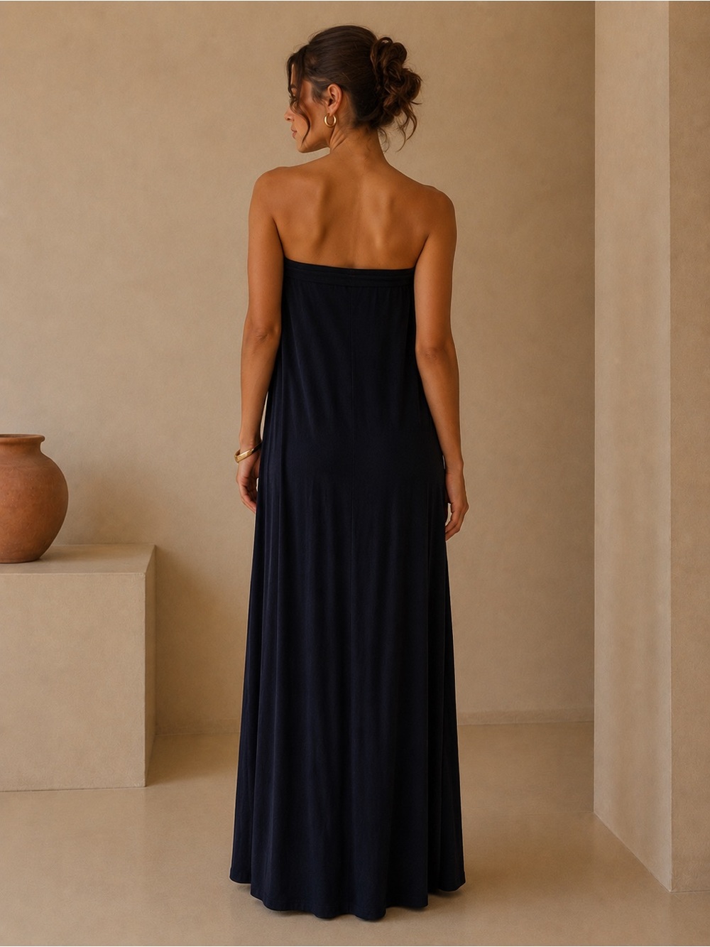 a'gaci Strapless Navy Blue Draped Knot Front Maxi Dress Size Medium - Picture 2 of 5